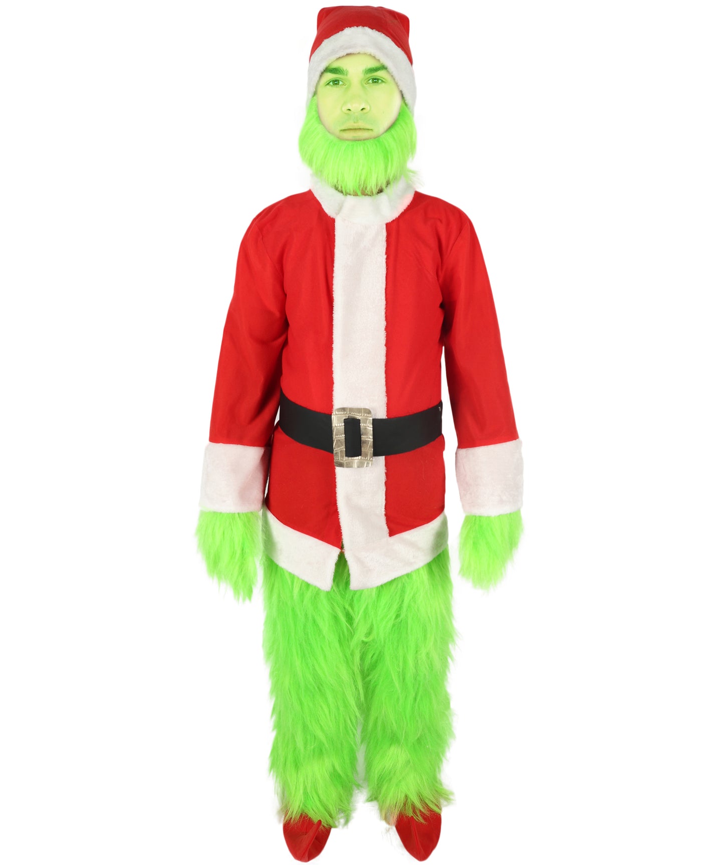HPO Men’s Festive Furry Creature Green Thief Christmas Costume Set with all accessories | Cosplay Hat and Beard | Flame-retardant Synthetic Fiber