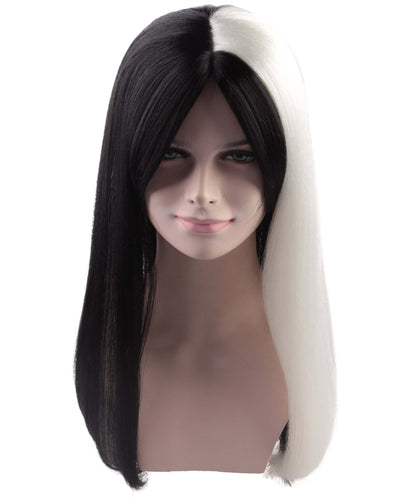 Horror Womens Wig | Long Black & White Gothic Halloween Wig | Premium Breathable Capless Cap