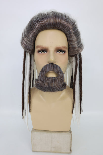 HPO Men’s Sea Monarch Wig and Beard Set Deluxe | Medium Flowing White & Brwon Mixed Wig with Matching Beard | Costume Hairpiece for Halloween, Cosplay, Parties & Stage