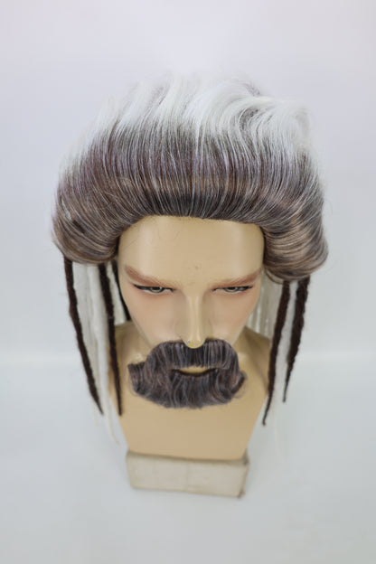 HPO Men’s Sea Monarch Wig and Beard Set Deluxe | Medium Flowing White & Brwon Mixed Wig with Matching Beard | Costume Hairpiece for Halloween, Cosplay, Parties & Stage