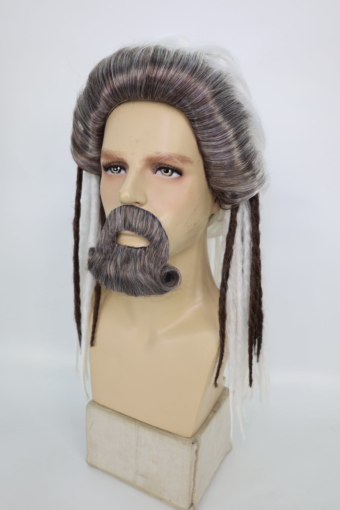 HPO Men’s Sea Monarch Wig and Beard Set Deluxe | Medium Flowing White & Brwon Mixed Wig with Matching Beard | Costume Hairpiece for Halloween, Cosplay, Parties & Stage