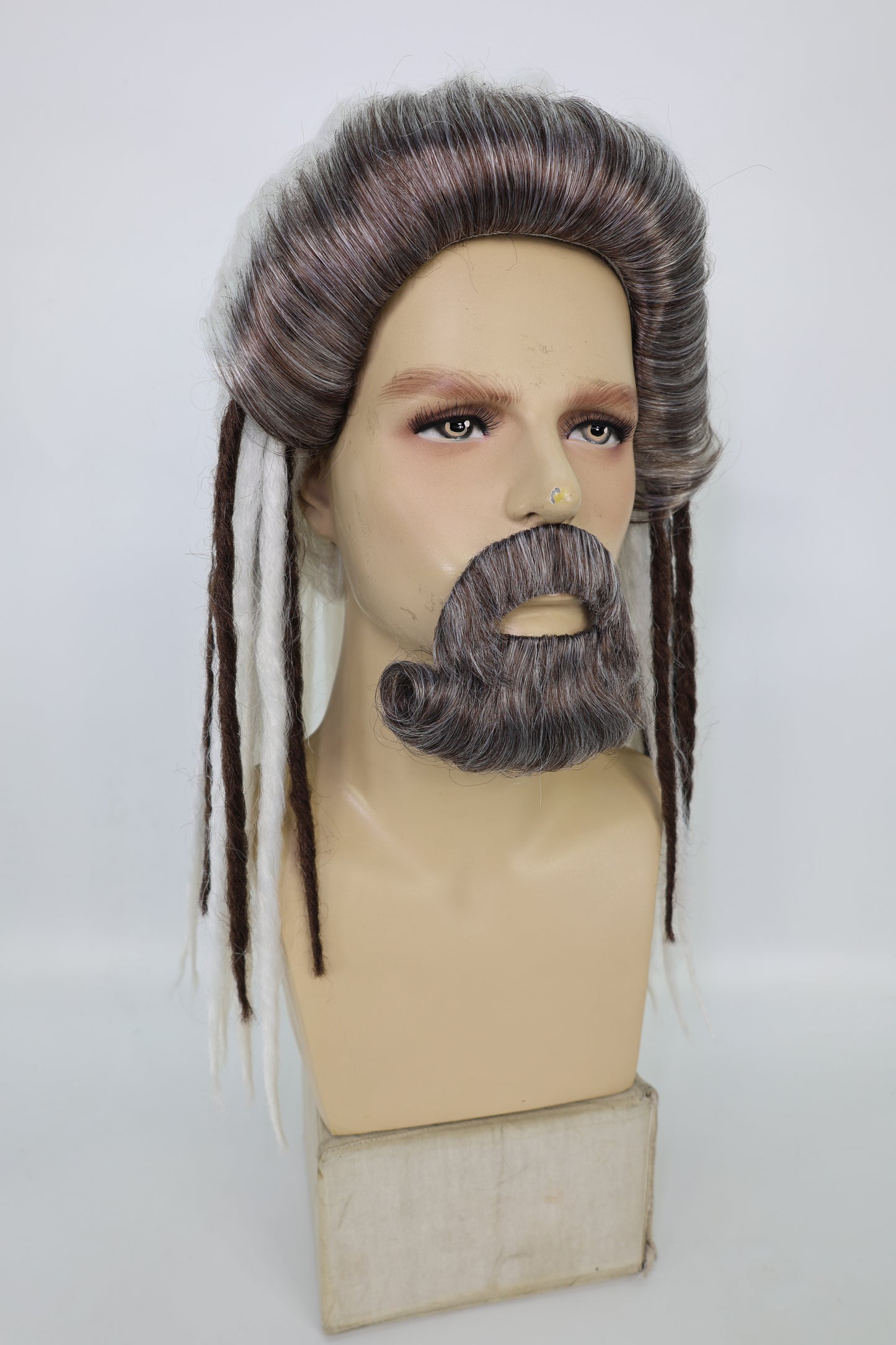 HPO Men’s Sea Monarch Wig and Beard Set Deluxe | Medium Flowing White & Brwon Mixed Wig with Matching Beard | Costume Hairpiece for Halloween, Cosplay, Parties & Stage