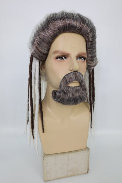HPO Men’s Sea Monarch Wig and Beard Set Deluxe | Medium Flowing White & Brwon Mixed Wig with Matching Beard | Costume Hairpiece for Halloween, Cosplay, Parties & Stage