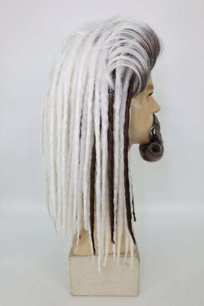 HPO Men’s Sea Monarch Wig and Beard Set Deluxe | Medium Flowing White & Brwon Mixed Wig with Matching Beard | Costume Hairpiece for Halloween, Cosplay, Parties & Stage