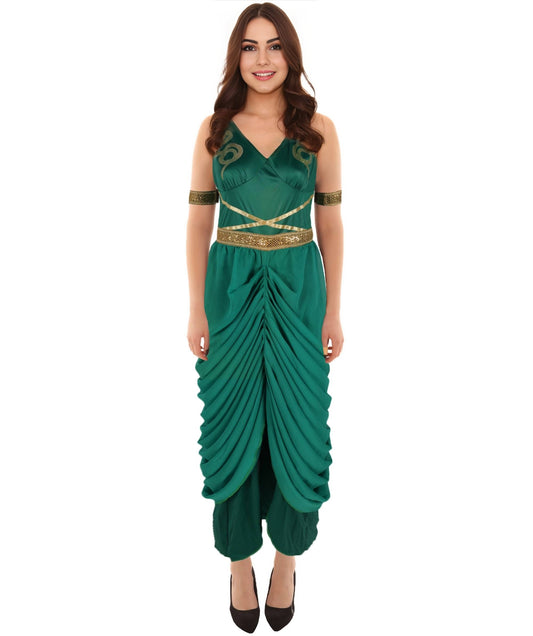 HPO Adult Women’s Medusa Costume | Snake Headpiece, Flowing Gown & Metallic Accents | Mythical Greek Goddess Outfit for Halloween Themed Parties
