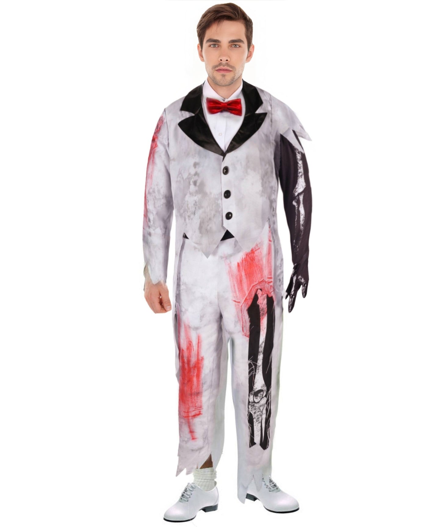 HPO Adult Men’s Corpse Groom Costume Set | Tattered Suit with Bone Detailing & Distressed Accessories | Adjustable Fit | For Halloween, Horror Parties & Themed Events