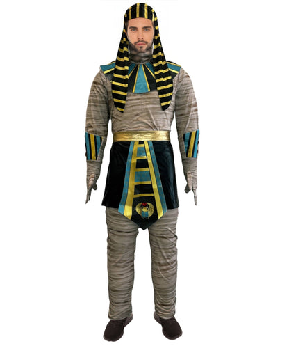 HPO Adult Men’s Mummy King Costume Set | Ancient Wrap Robes with Gold Accents & Regal Headpiece | Adjustable Fit | For Halloween & Egyptian-Themed Events