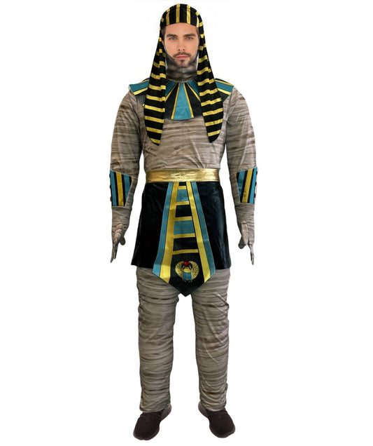 HPO Adult Men’s Mummy King Costume Set | Ancient Wrap Robes with Gold Accents & Regal Headpiece | Adjustable Fit | For Halloween & Egyptian-Themed Events