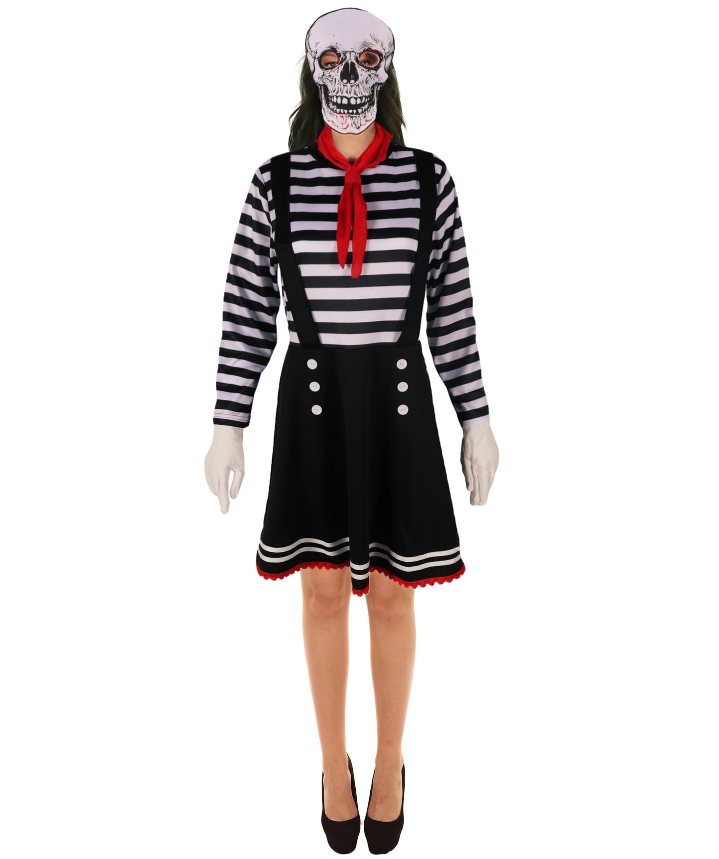 HPO Adult Women Mime Costume for Women | Black & White Striped Dress with Mask, Gloves & Tie Dress | Parisian Street Performer Outfit for Halloween, Cosplay & Theater