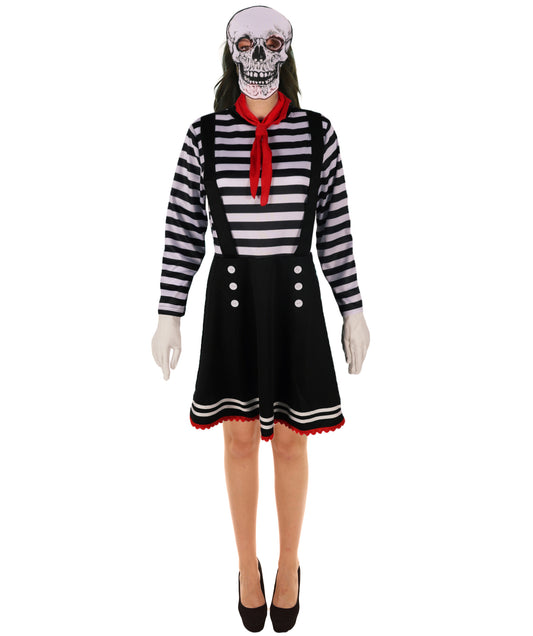 HPO Adult Women Mime Costume for Women | Black & White Striped Dress with Mask, Gloves & Tie Dress | Parisian Street Performer Outfit for Halloween, Cosplay & Theater