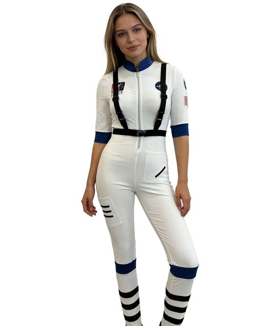 Women’s White Astronaut Costume | Space Explorer Jumpsuit with aBelt & Patches | Ideal for Halloween, Roleplay, Cosplay & Themed Prties