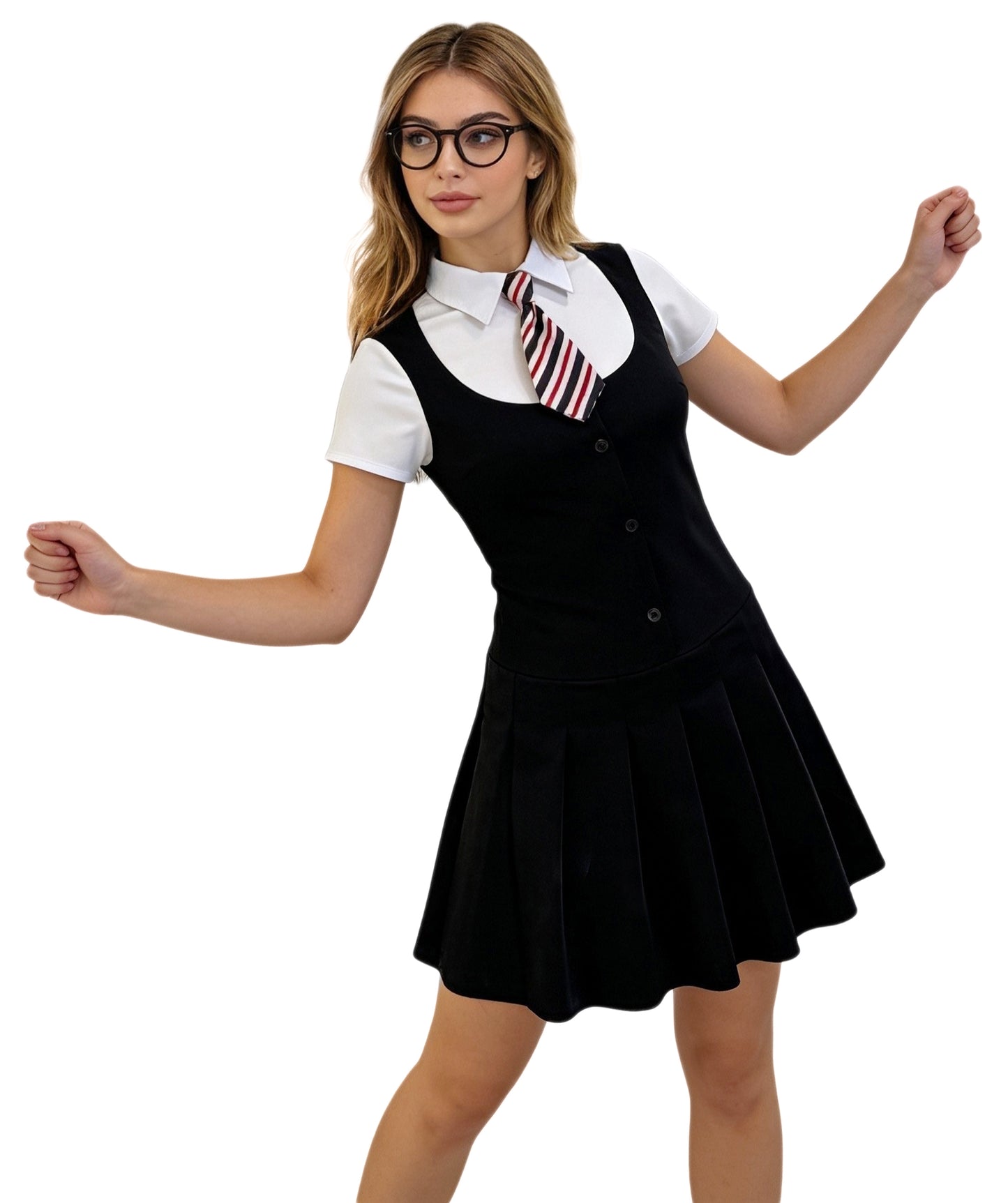 Women’s School Uniform Costume | Black Sleeveless Pleated Dress with White Shirt & Tie | Cute Cosplay Outfit for Halloween, Parties & Events