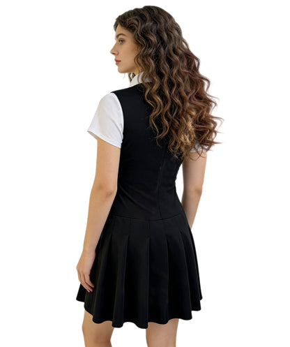 Women’s School Uniform Costume | Black Sleeveless Pleated Dress with White Shirt & Tie | Cute Cosplay Outfit for Halloween, Parties & Events