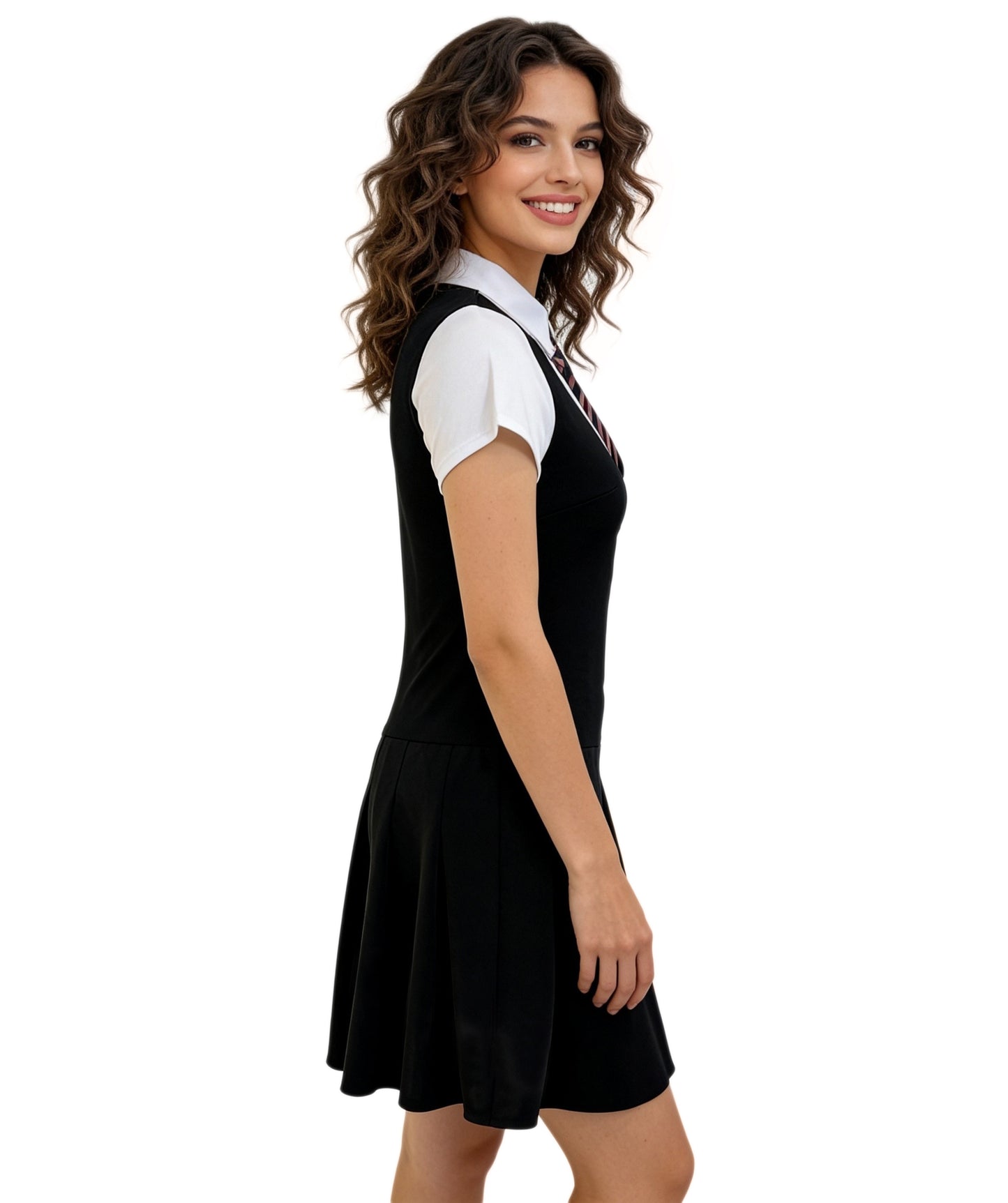 Women’s School Uniform Costume | Black Sleeveless Pleated Dress with White Shirt & Tie | Cute Cosplay Outfit for Halloween, Parties & Events