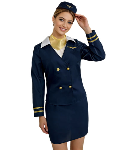 Women’s Air Hostess Costume – Elegant Navy Blue Uniform Dress with Hat,Skirt, Jacket, Neck Collar | Flight Attendant Outfit for Halloween, Roleplay & Themed Events