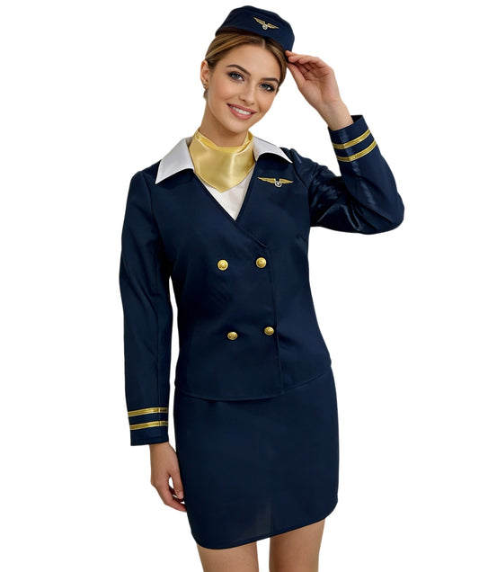 Women’s Air Hostess Costume – Elegant Navy Blue Uniform Dress with Hat,Skirt, Jacket, Neck Collar | Flight Attendant Outfit for Halloween, Roleplay & Themed Events