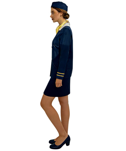Women’s Air Hostess Costume – Elegant Navy Blue Uniform Dress with Hat,Skirt, Jacket, Neck Collar | Flight Attendant Outfit for Halloween, Roleplay & Themed Events