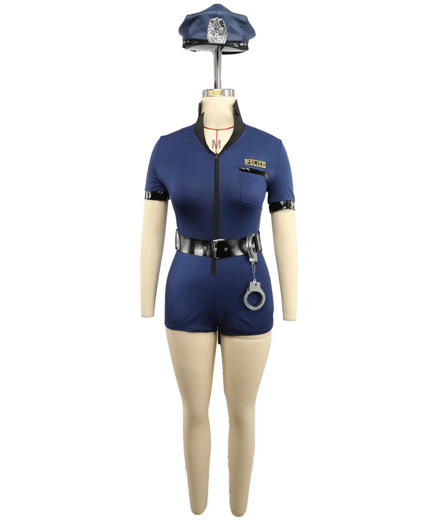 Women’s Patrol Officer Costume – NAVY BLUE Zip-Up Romper with Hat, Jumpsuit and Handcuffs | Adult Police Style Halloween Outfit for Women | Fancy Dress Uniform