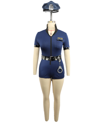 Women’s Patrol Officer Costume – NAVY BLUE Zip-Up Romper with Hat, Jumpsuit and Handcuffs | Adult Police Style Halloween Outfit for Women | Fancy Dress Uniform