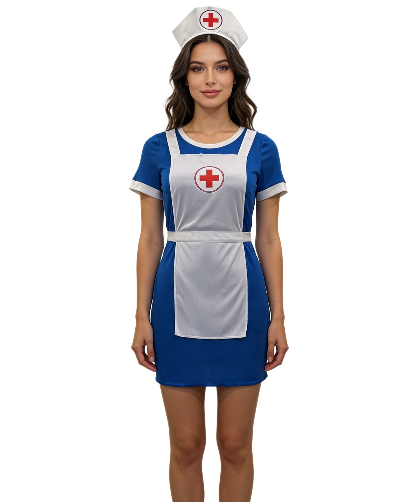 Women’s Blue Nurse Costume with White Apron & Hat – Classic Medical Cosplay Outfit for Halloween & Parties