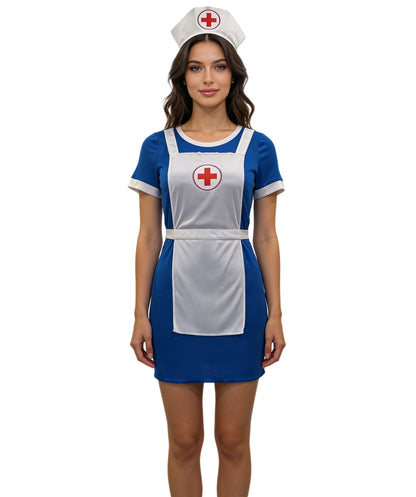 Women’s Blue Nurse Costume with White Apron & Hat – Classic Medical Cosplay Outfit for Halloween & Parties