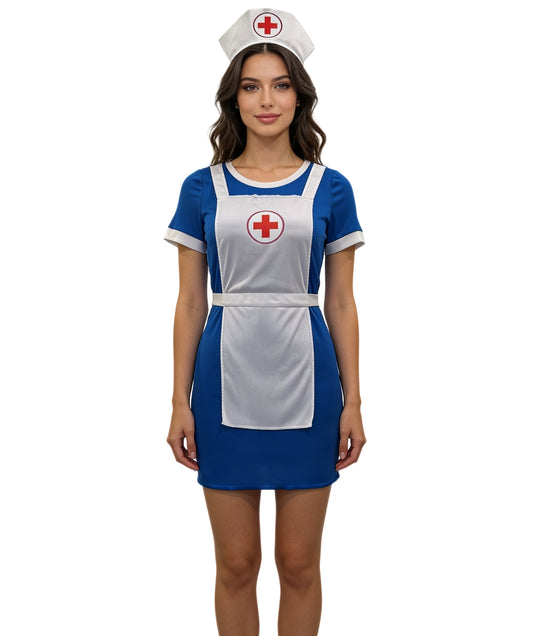 Women’s Blue Nurse Costume with White Apron & Hat – Classic Medical Cosplay Outfit for Halloween & Parties