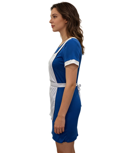 Women’s Blue Nurse Costume with White Apron & Hat – Classic Medical Cosplay Outfit for Halloween & Parties