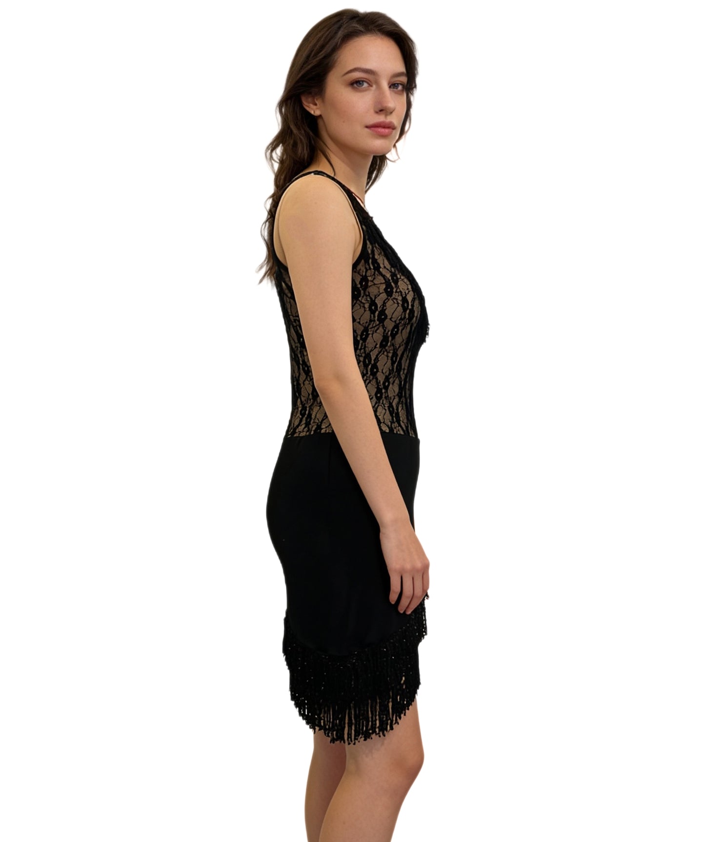 Women’s Black Fringe Mesh Party Dress Black Costume – Elegant Sleeveless Outfit | Ideal for Cosplay, Events & Parties