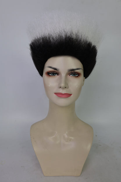 HPO Women’s Pop Diva Inspired Wig | Short Straight White Wig with Black Mixed Highlights | Synthetic Hairpiece with Adjustable Cap for  Cosplay & Stage