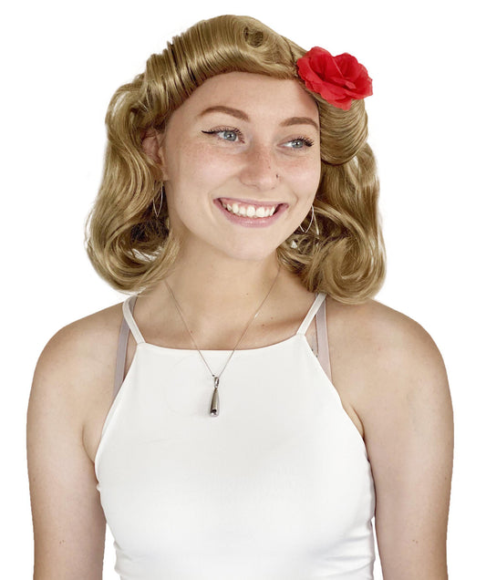 HPO Womens Pin Up Wig With Rose | Party Ready Fancy blonde Halloween Wig | Premium Breathable Capless Cap
