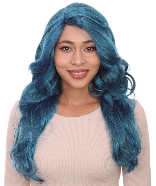 HPO Womens Glamorous Long Blue Style Wig | Stage Event Fancy Halloween Wig | Premium Breathable Capless Cap