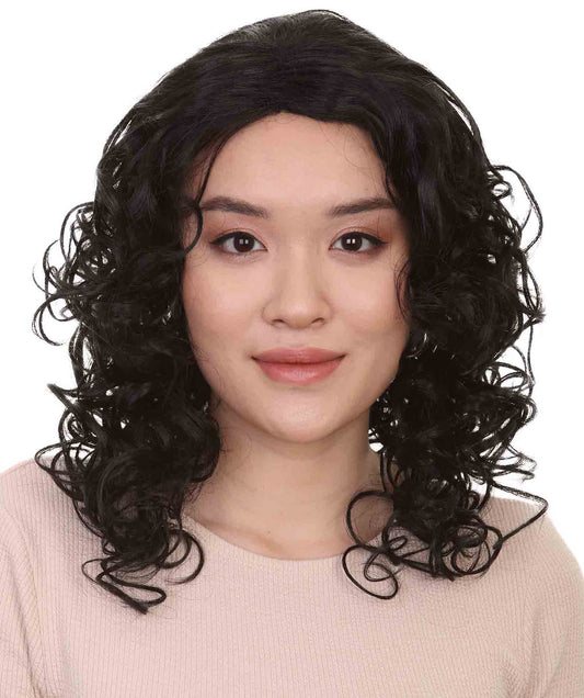 HPO Womens Glamour Long Black Wig | Curly Glamour Halloween Wig | Premium Breathable Capless Cap