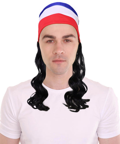 USA Flag Mullet Headband Wig for Men | Red White Blue Hair with Built-In Stretch Band | Funny Costume Accessory for Parties, BBQs, Tailgates