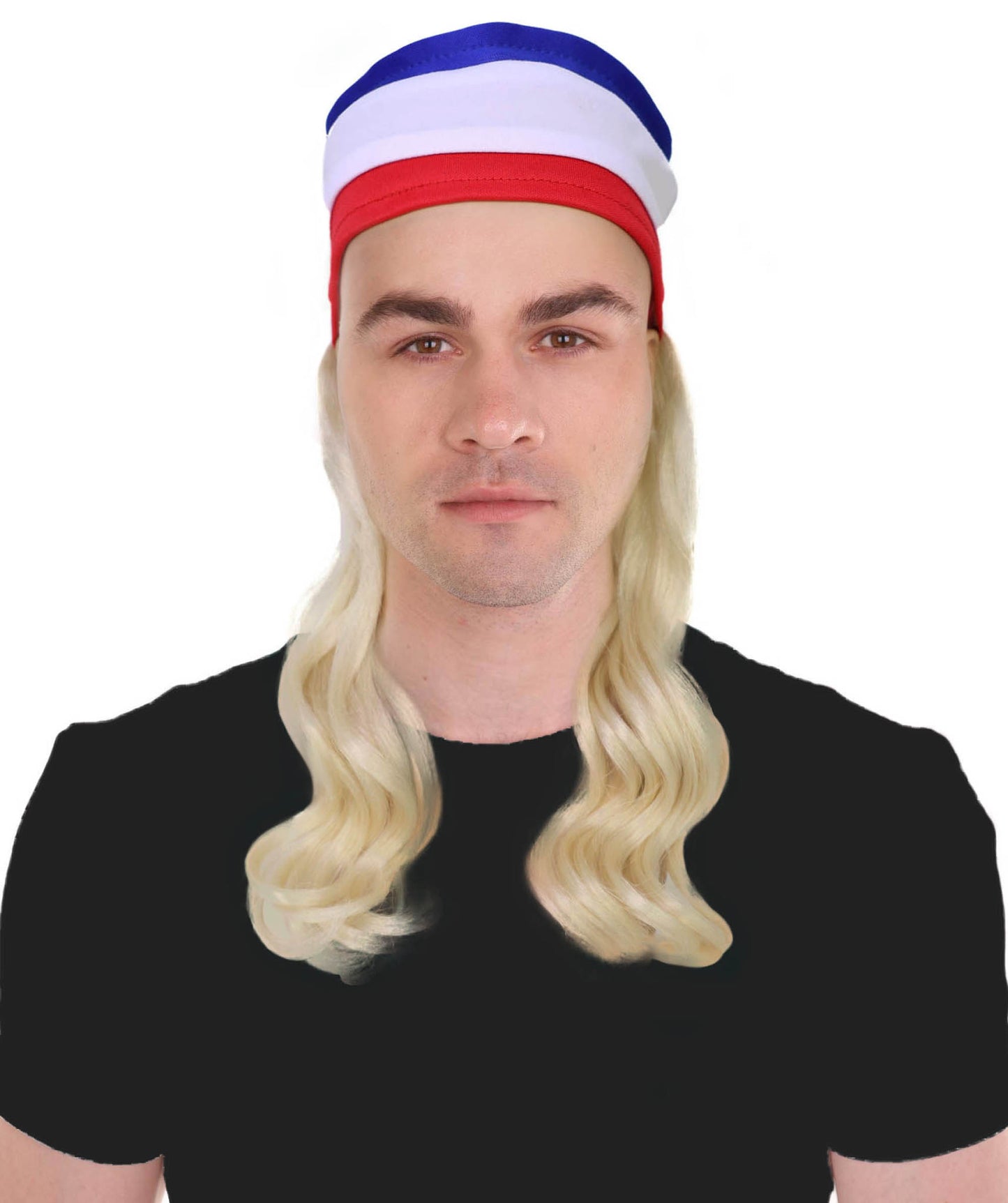 USA Flag Mullet Headband Wig for Men | Red White Blue Hair with Built-In Stretch Band | Funny Costume Accessory for Parties, BBQs, Tailgates