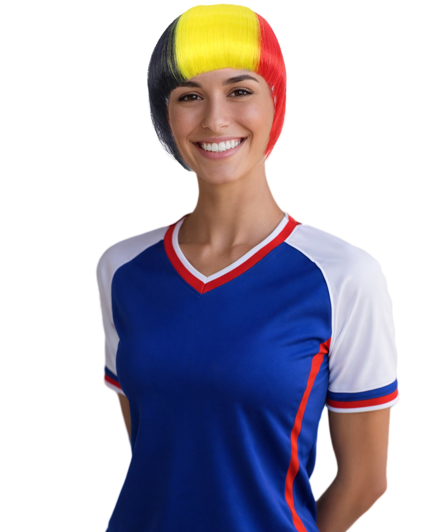 HPO Women's Short Straight Belgium Flag Wig – Tricolor Fringe Style | Ideal for Sports Fans & National Celebrations