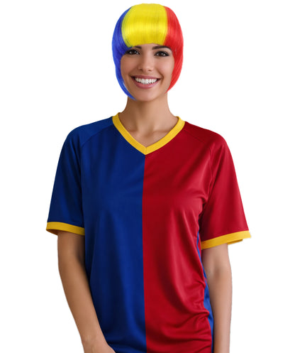 HPO Women's Short Straight Romania Flag Wig – Tricolor Fringe Style | Ideal for Sports Fans & National Celebrations