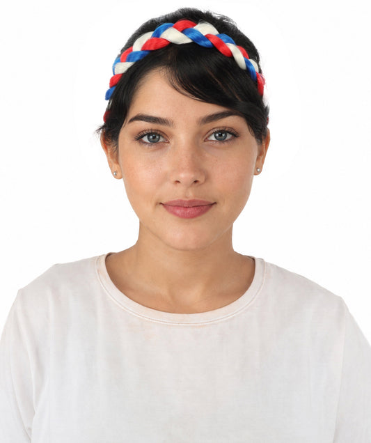HPO Women's Multinational Braided Hairband | Textured red, white, and blue synthetic fibers woven into a twisted headband with elastic backing | Ideal for party, Halloween, cosplay, theater, drag, performance, costume events