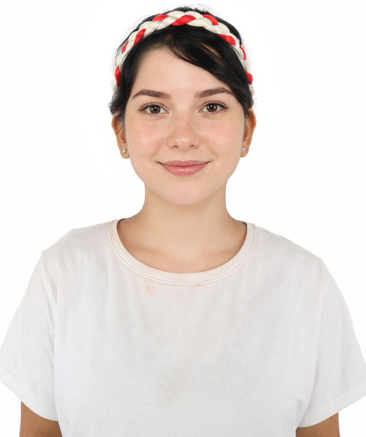 HPO Women's International Braided Headband | Textured red and white synthetic fibers woven into a twisted headband with an elastic back | Ideal for party, Halloween, cosplay, theater, drag, performance, costume events