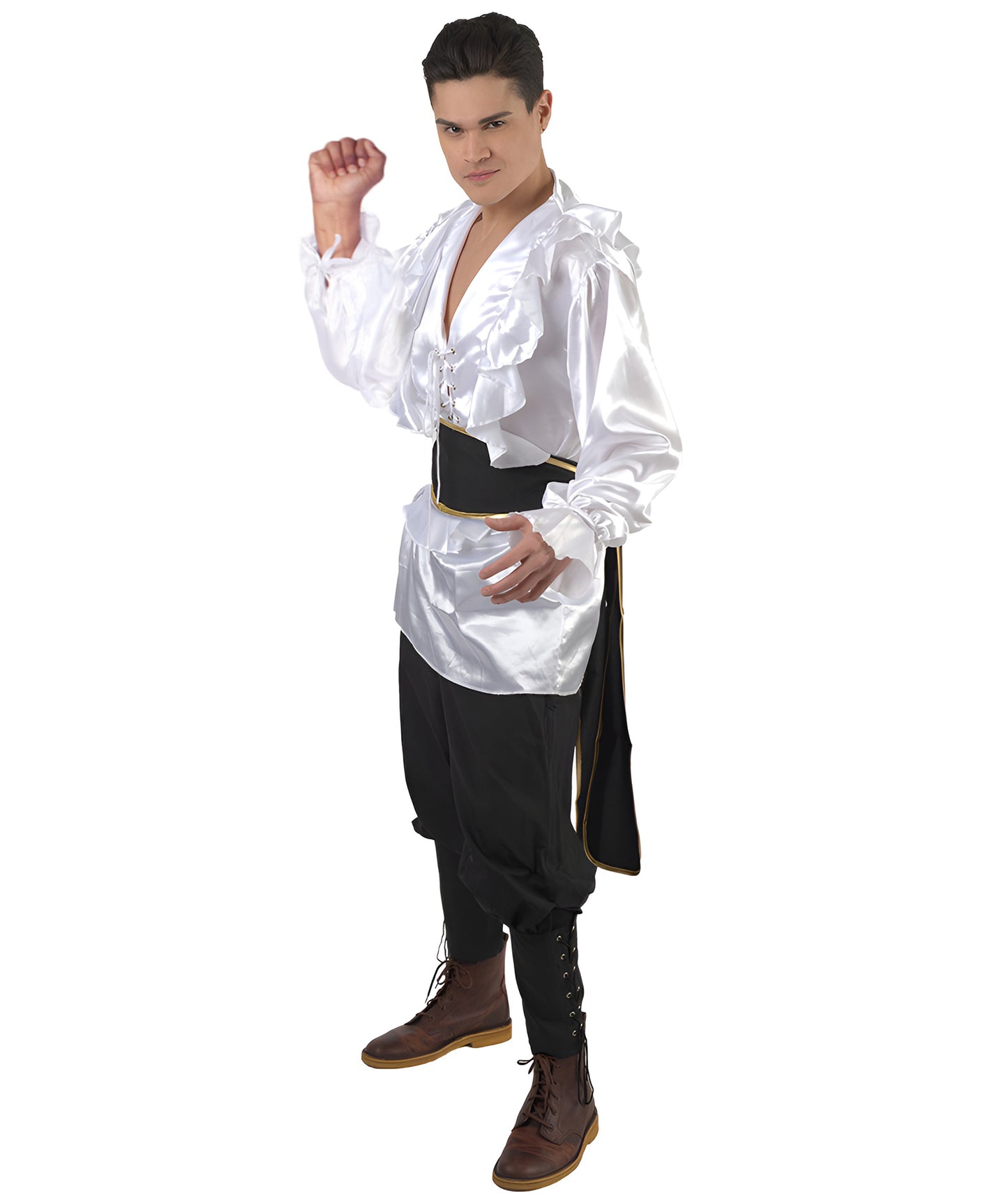 Men's Satin Ruffle Pirate 3Pc Costume | White & Black Halloween Costume