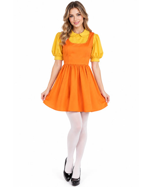 HPO Adult Women K-Drama Survival Game TV Show Giant Doll Orange Costume| Ideal for Cosplay Halloween & Themed Parties | Flame-retardant Synthetic Fabric