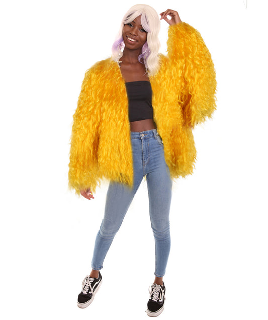 HPO Women’s Yellow Fur Faux Jacket, Breathable Synthetic Materials ,Flame-Retardant Synthetic Fabric