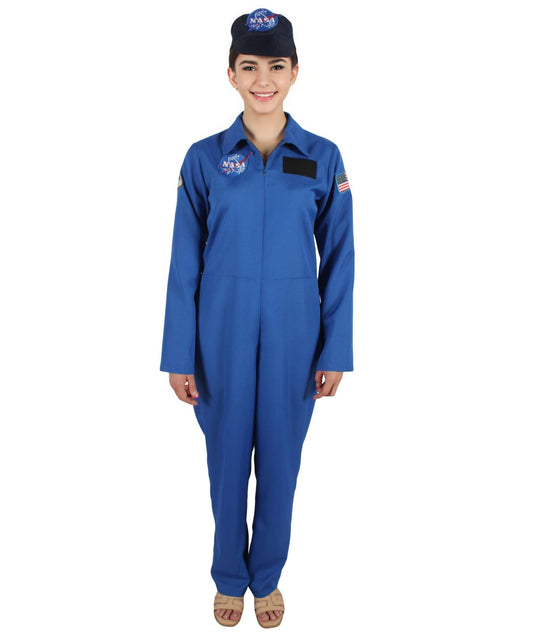 HPO Women's Blue Astronaut Jumpsuit Costume with Cap | Perfect for Halloween | Flame-retardant Synthetic Fabric