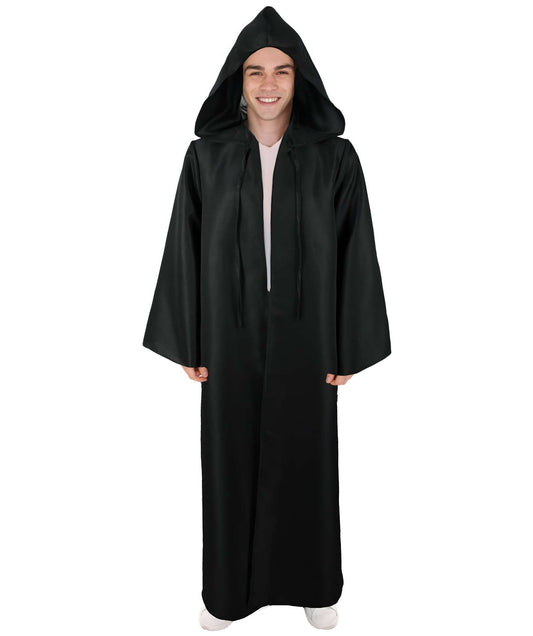 HPO Hooded Robe Cloak Knight Fancy Long Black Costume I Perfect for Halloween I Flame-retardant Synthetic Fabric
