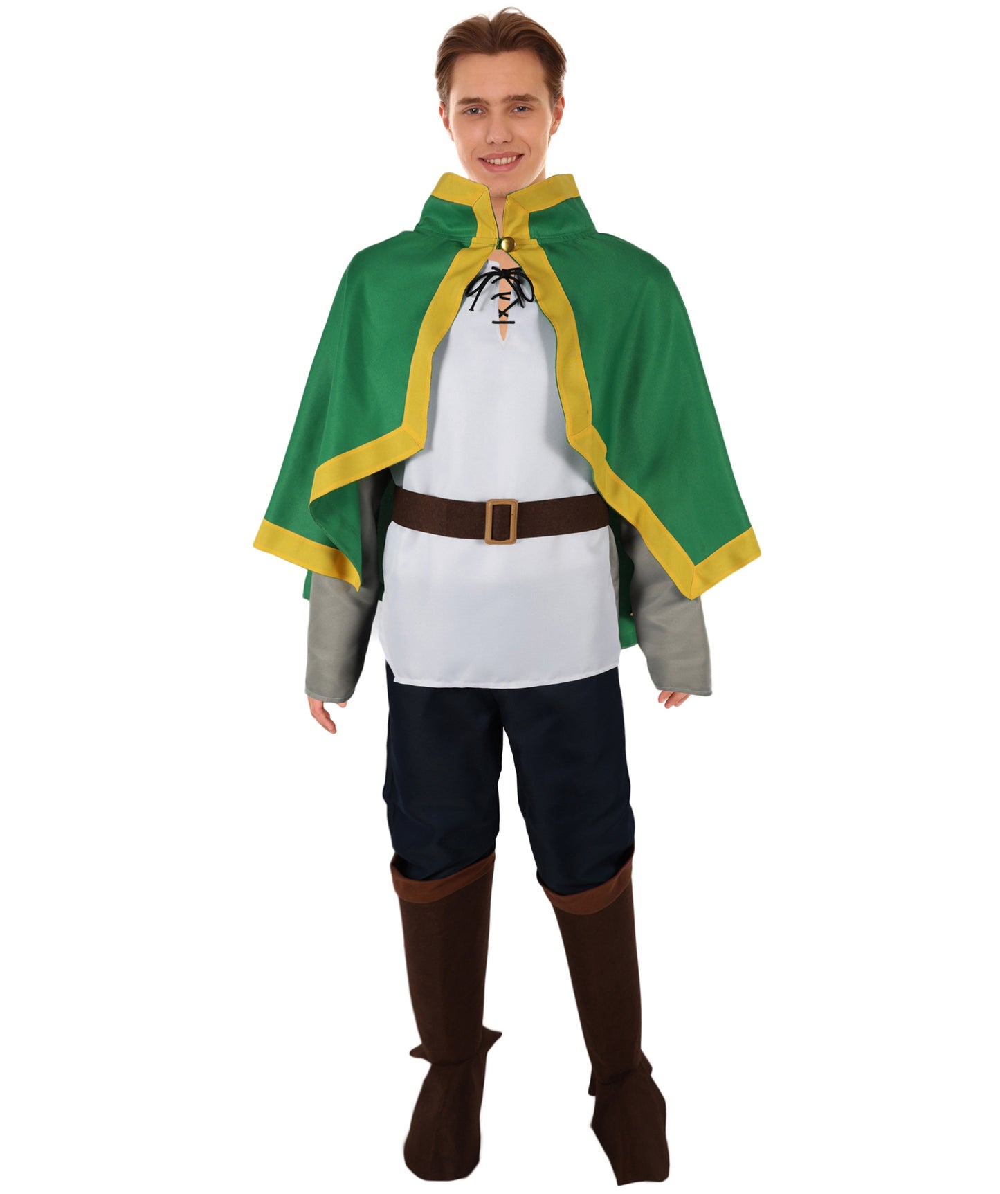 Fantasy Adventurer Roleplay Suit | Green and white uniform tricote construction featuring a koti capelet, body shirt, pants, belt, and leg socks | Ideal for party, Halloween, cosplay, theater, drag, performance, costume events