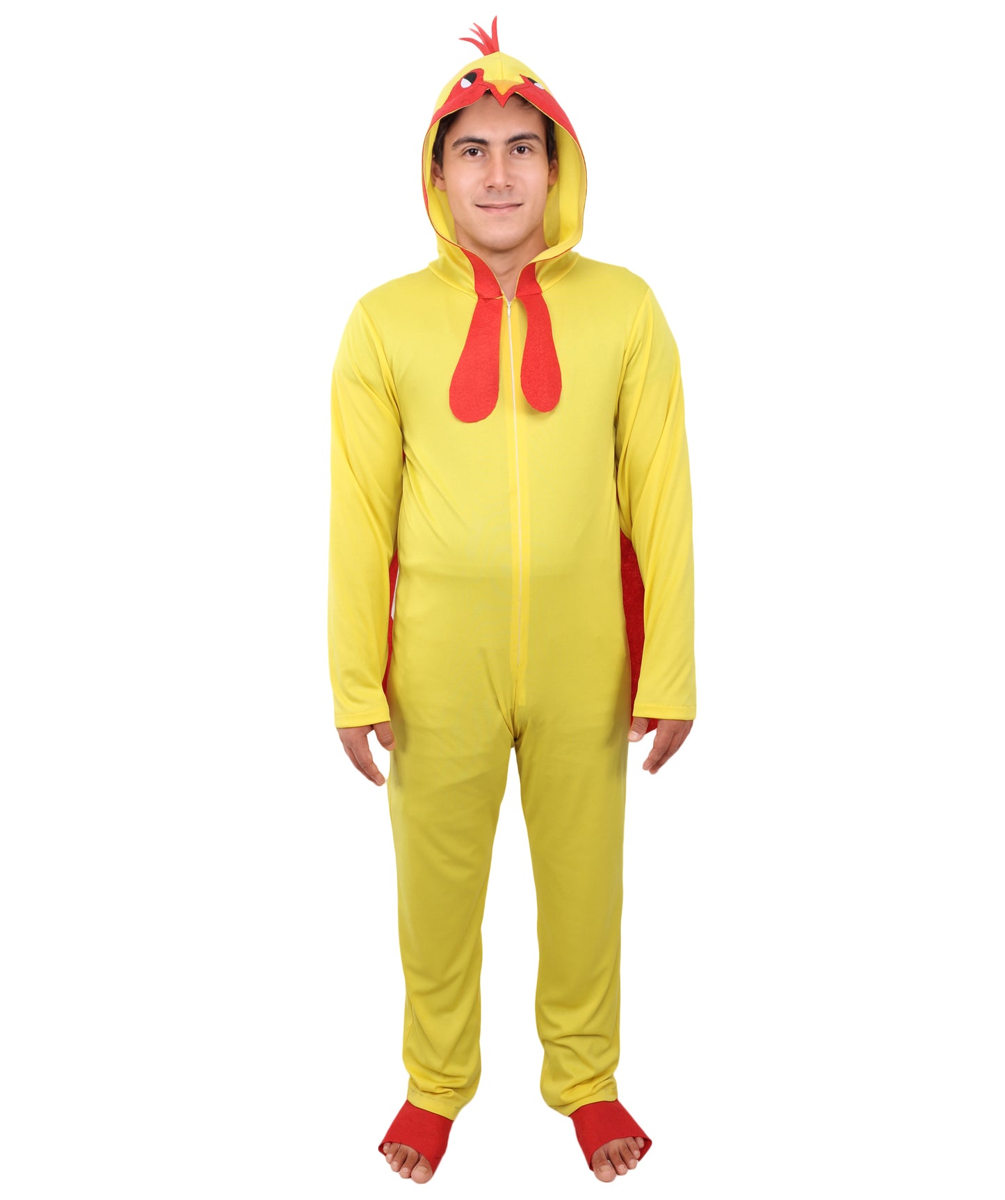 HPO Men’s Chicken Yellow & Red Costume – Soft Plush Feather One Piece Suit with Headpiece | Creature Outfit for Theme Nights & Parites