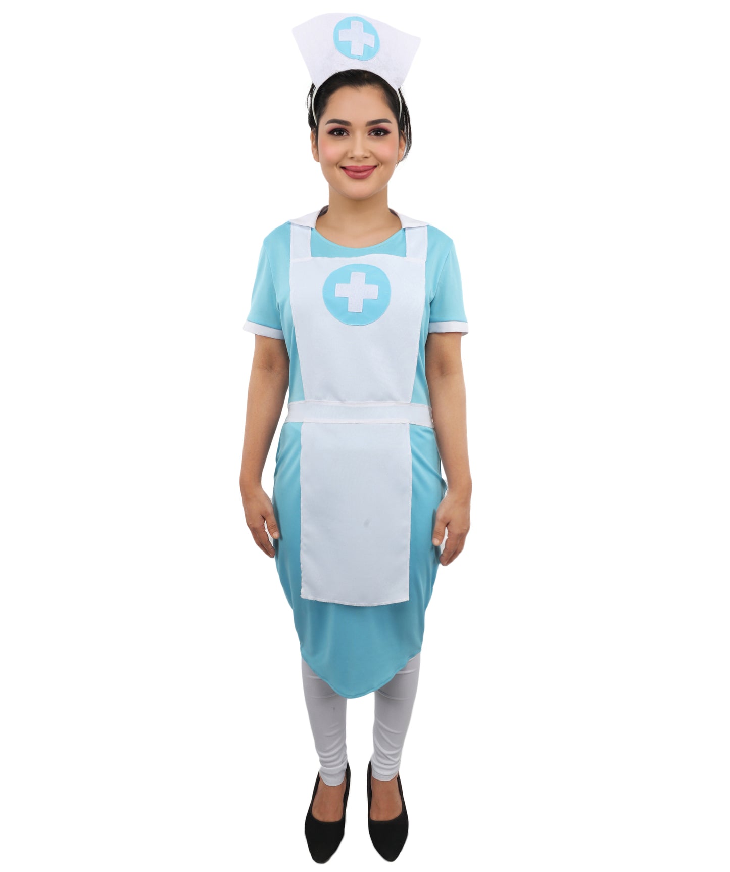 HPO Women's Scrub Nurse Blue & White Costume – Mock Apron and Matching Headpiece | Medical Theme Outfit for Fancy Dress & Halloween Parties