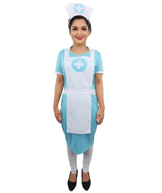 HPO Women's Scrub Nurse Blue & White Costume – Mock Apron and Matching Headpiece | Medical Theme Outfit for Fancy Dress & Halloween Parties