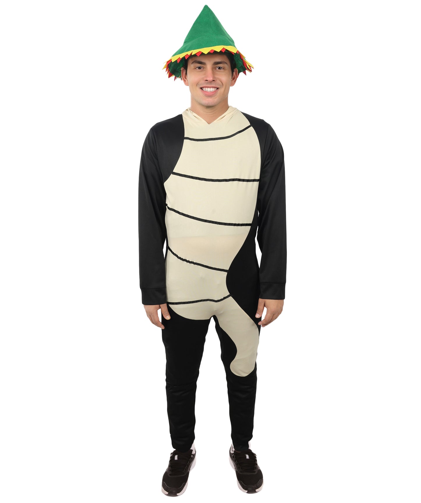 HPO Men's Funny Worm Costume – Black & Khaki Comedy Tunic with Curved Body Shape | Novelty Fancy Dress for Humorous Party Appearances
