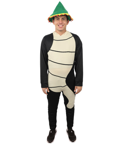 HPO Men's Funny Worm Costume – Black & Khaki Comedy Tunic with Curved Body Shape | Novelty Fancy Dress for Humorous Party Appearances