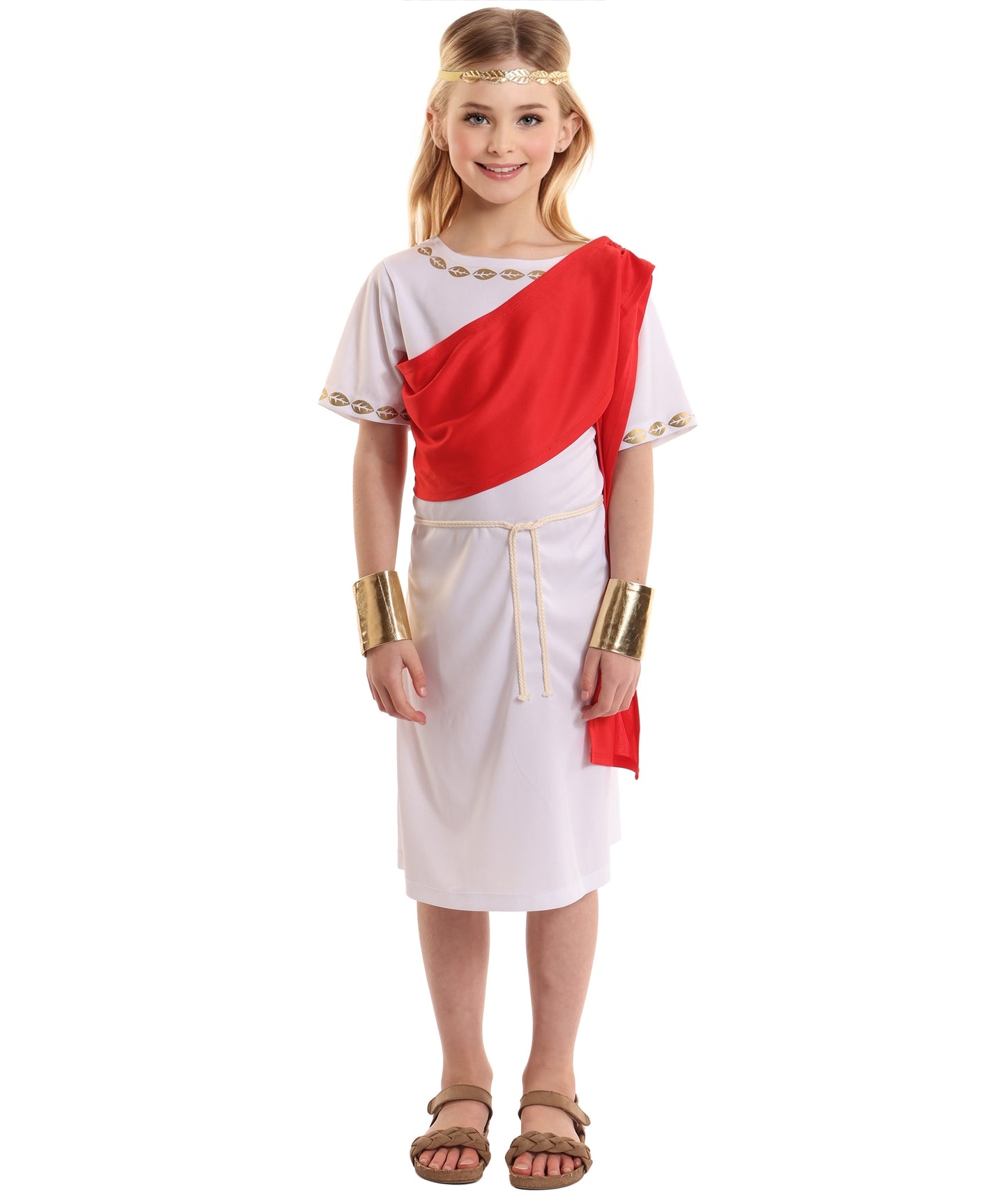 HPO Girl's Elegant Ancient Red and White Roman Toga Costume | Suitable for Halloween | Flame-retardant Synthetic Fabric